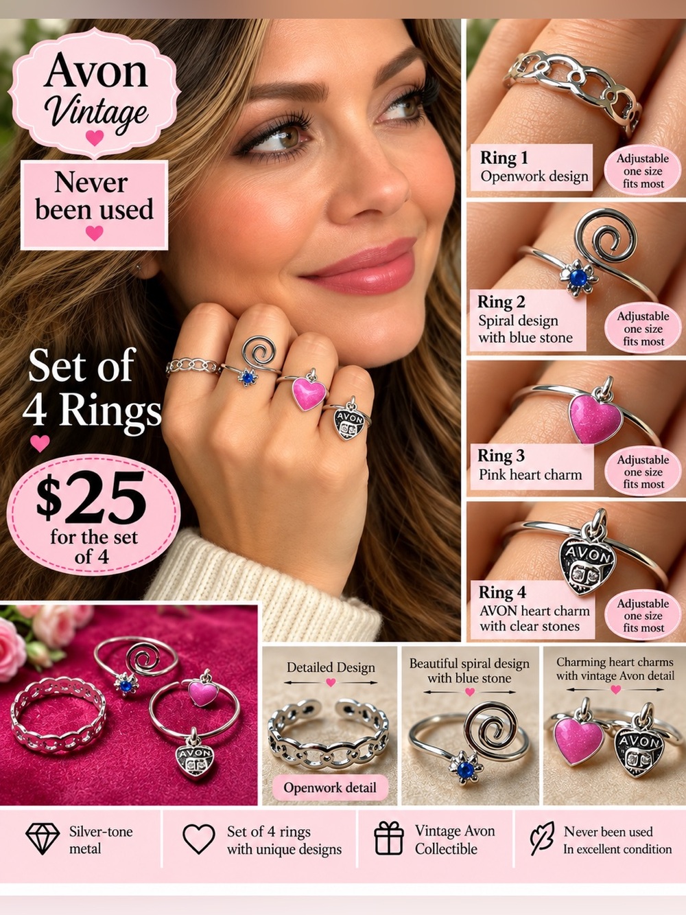 Avon toes Silver and Pink Heart Adjustable Rings Set
